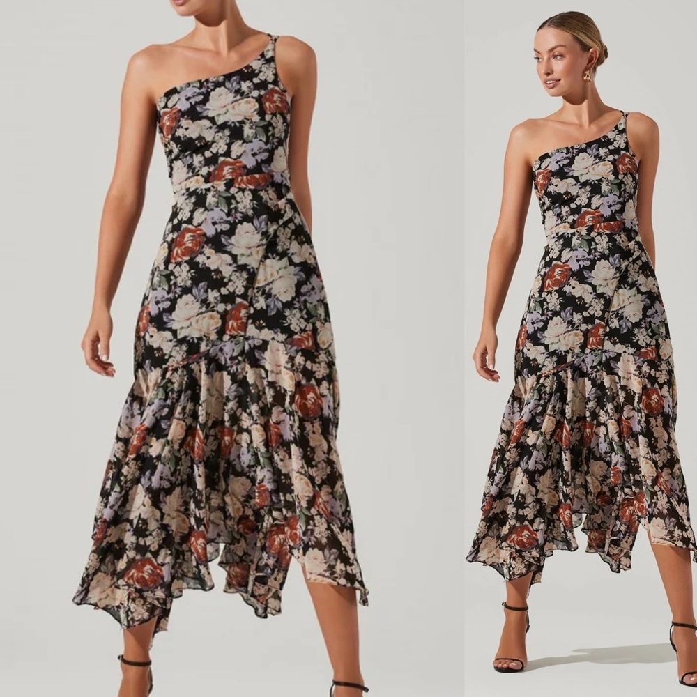 Astr the Label Emmylou Floral Dress Handkerchief One Shoulder Chiffon Midi S